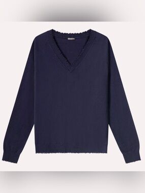Minnie Rose Cotton Cashmere Frayed Edge V-Neck Sweater – Size Small